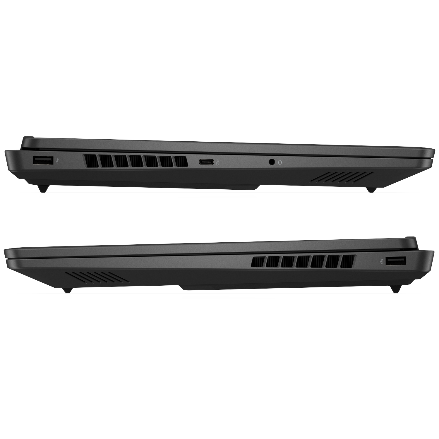 Zijaanzicht van zwarte laptop met ventilatieopeningen, USB-poort en koptelefoonaansluiting.