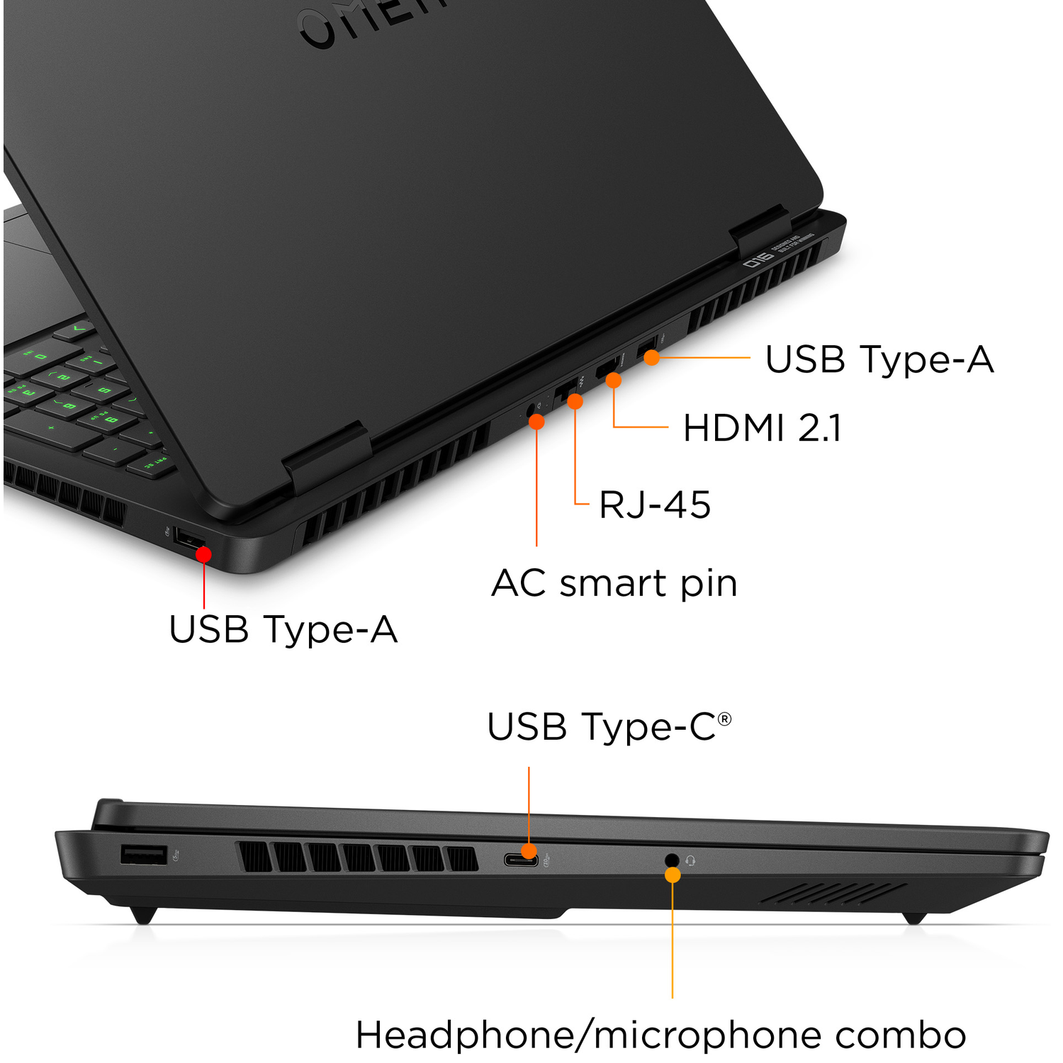 Zwarte laptop met verlicht toetsenbord en gelabelde poorten.