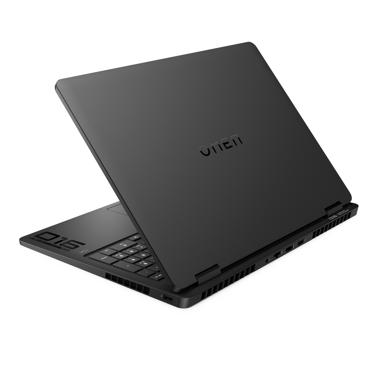 Zwarte laptop met Omen logo op de klep en zichtbaar toetsenbord.