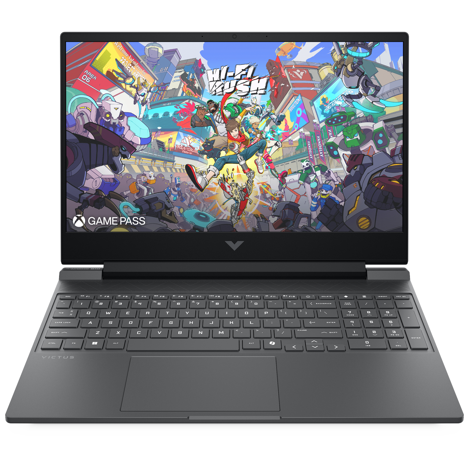 Een laptop met het spel 'Hi-Fi Rush' en 'Game Pass' op het scherm.