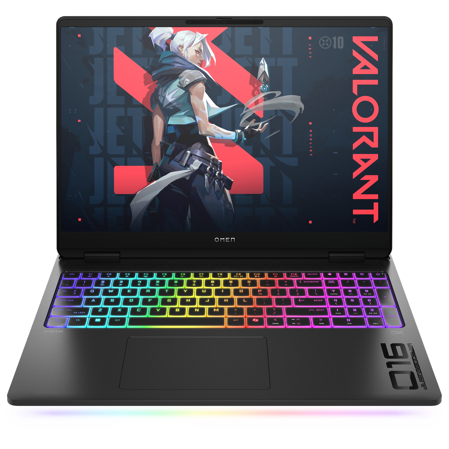 Een laptop met Valorant-afbeelding en een kleurrijk RGB-toetsenbord.