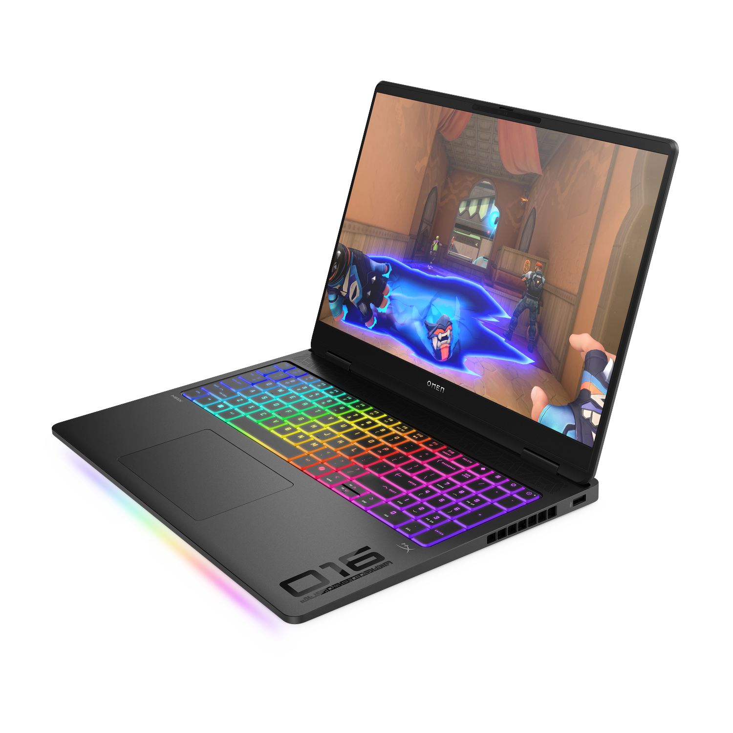 Een zwarte HP Omen laptop toont een kleurrijk computerspel op zijn scherm, met regenboog RGB toetsenbordverlichting.