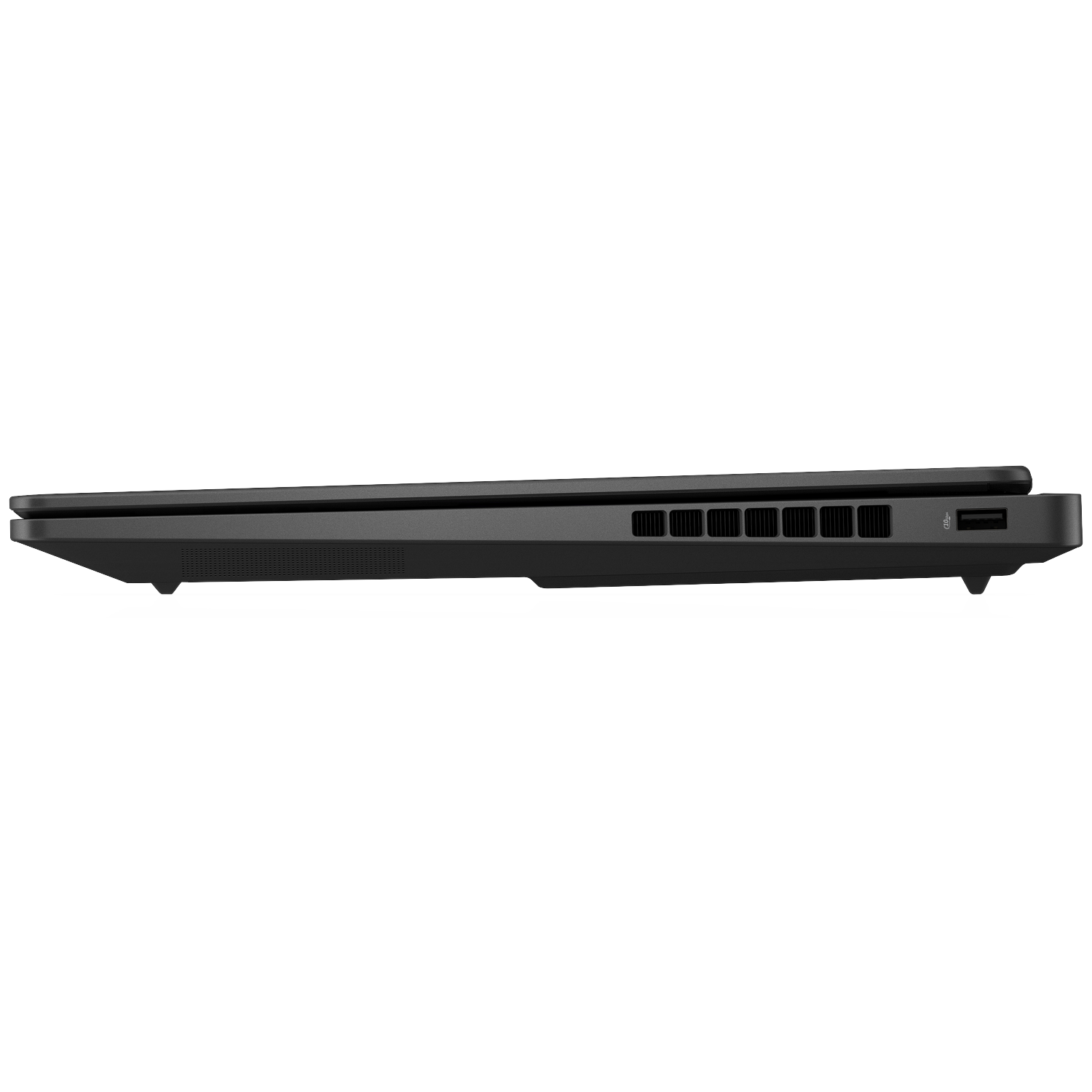 Zijaanzicht van een zwarte laptop met ventilatieopeningen en USB-poort.