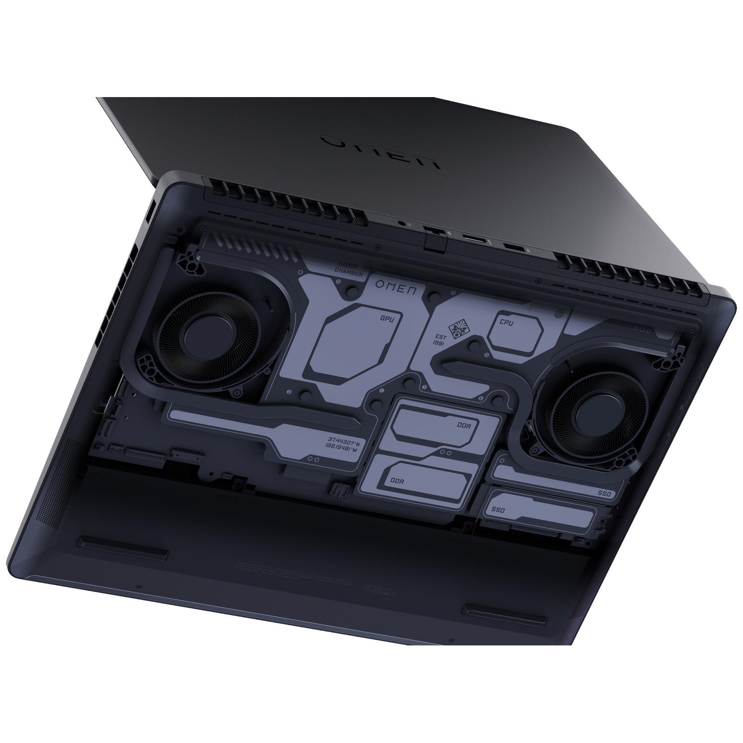 Open laptop toont ventilatoren, CPU, GPU, DDR en SSD-opslag.