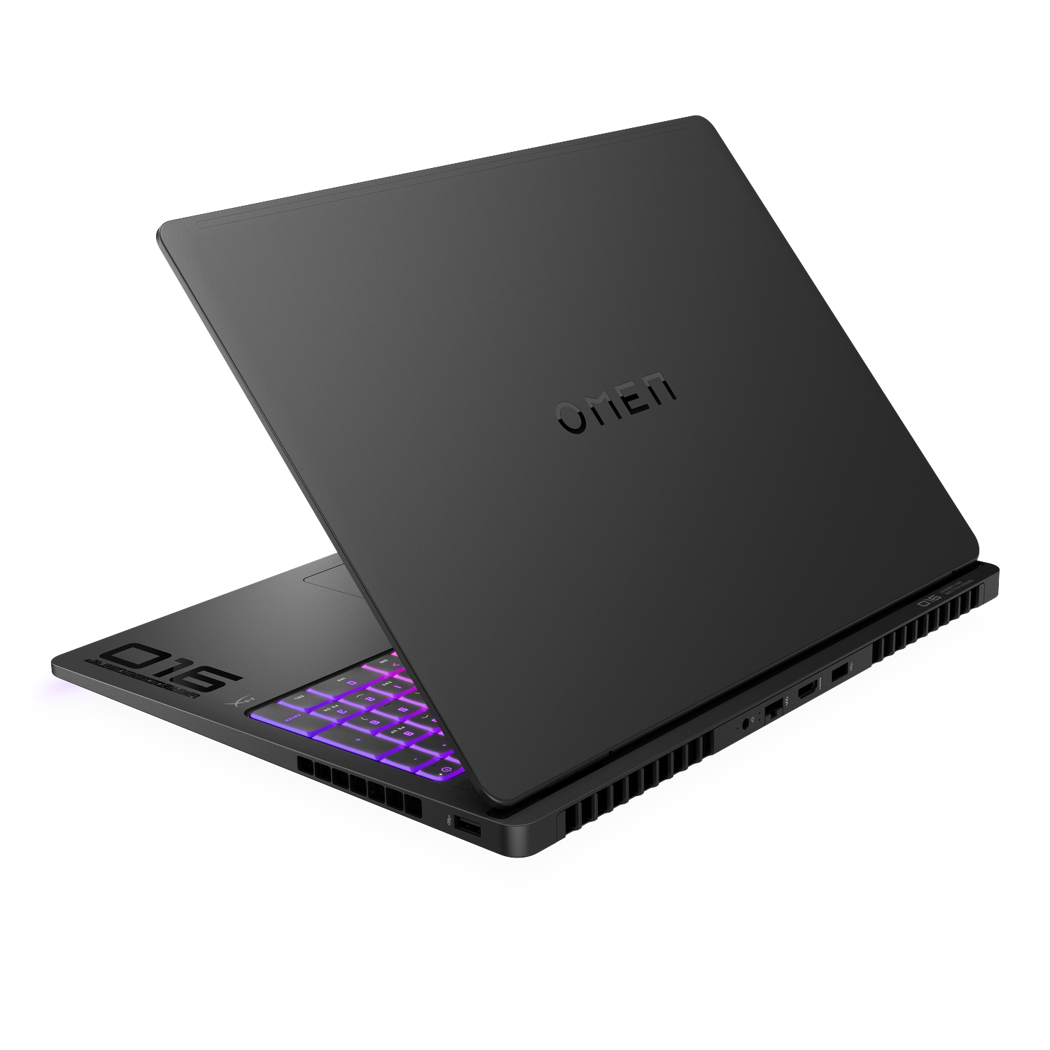 Zwarte laptop met verlicht toetsenbord en Omen-logo.