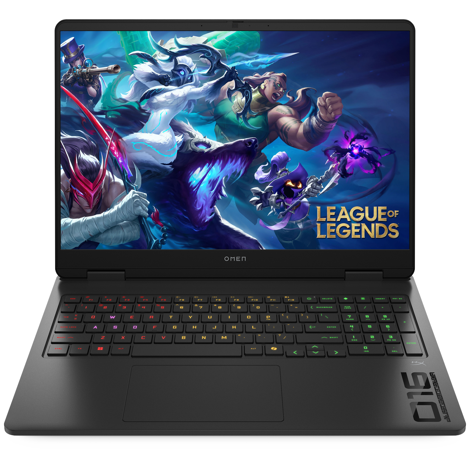 Een laptop met "League of Legends" achtergrond en verlicht toetsenbord.