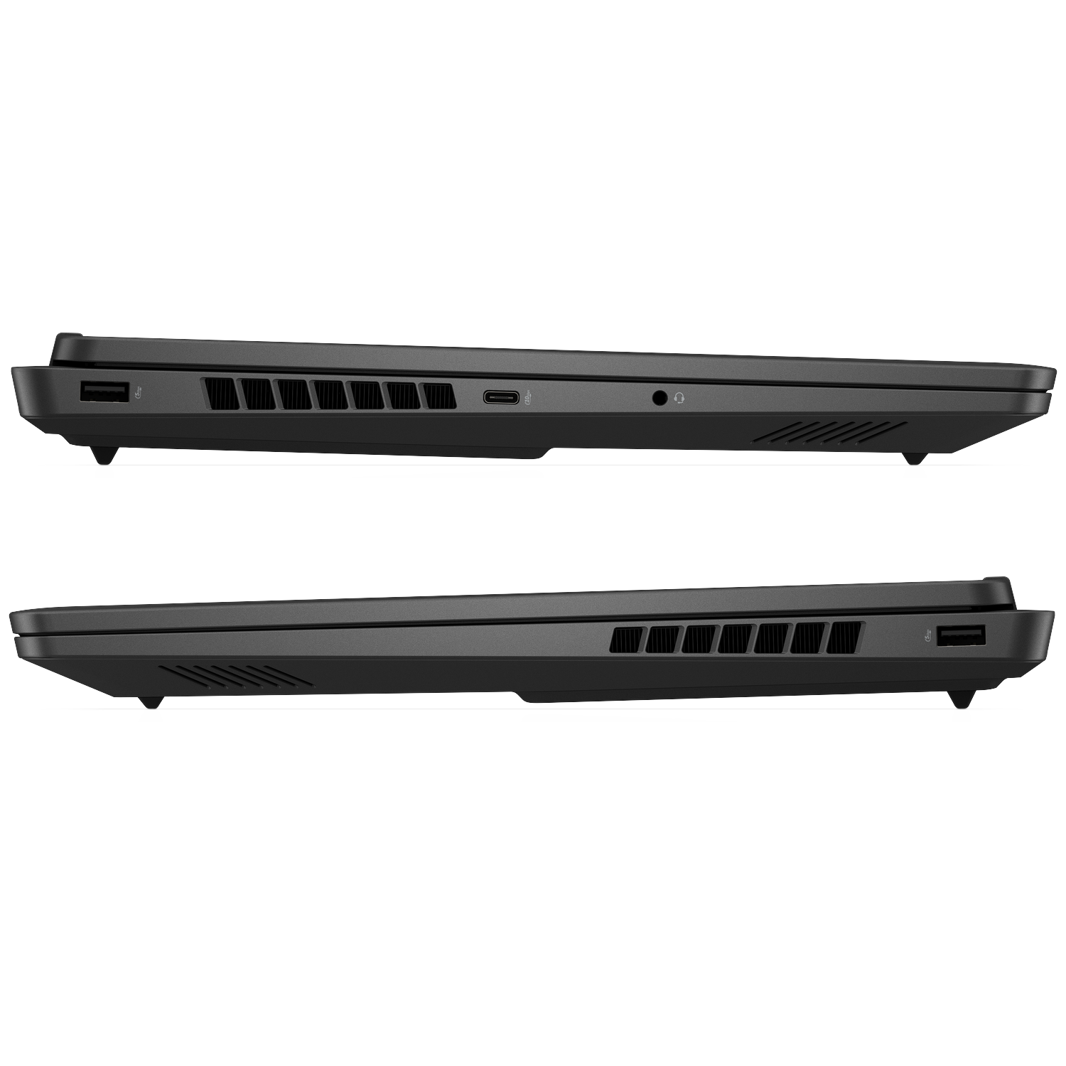 Zijde van zwarte laptop met poorten: USB-A, USB-C, koptelefoonaansluiting en ventilatie.
