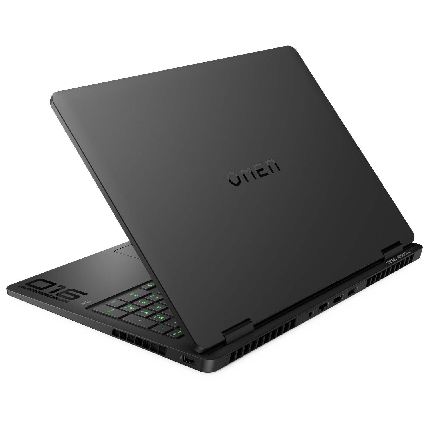 Zwarte laptop met open klep, met groen verlicht toetsenbord. OMEN-logo zichtbaar.