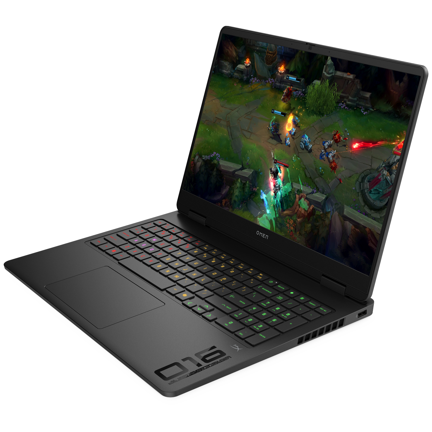 Een zwarte gaming laptop met gloeiend toetsenbord toont een videogame.