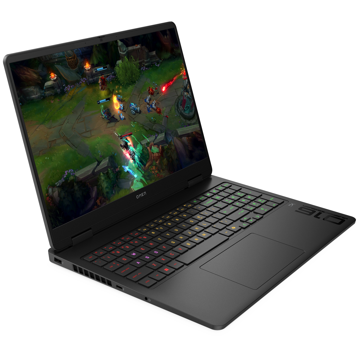 Een zwarte laptop met verlicht toetsenbord toont een videogame op het scherm.