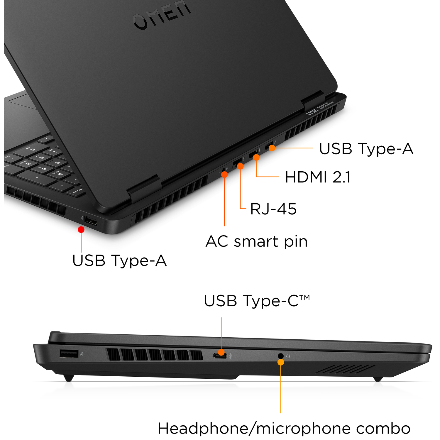 Zwarte laptop met poorten: USB-A, HDMI 2.1, RJ-45, AC smart pin, USB-C, hoofdtelefoon/microfoon.