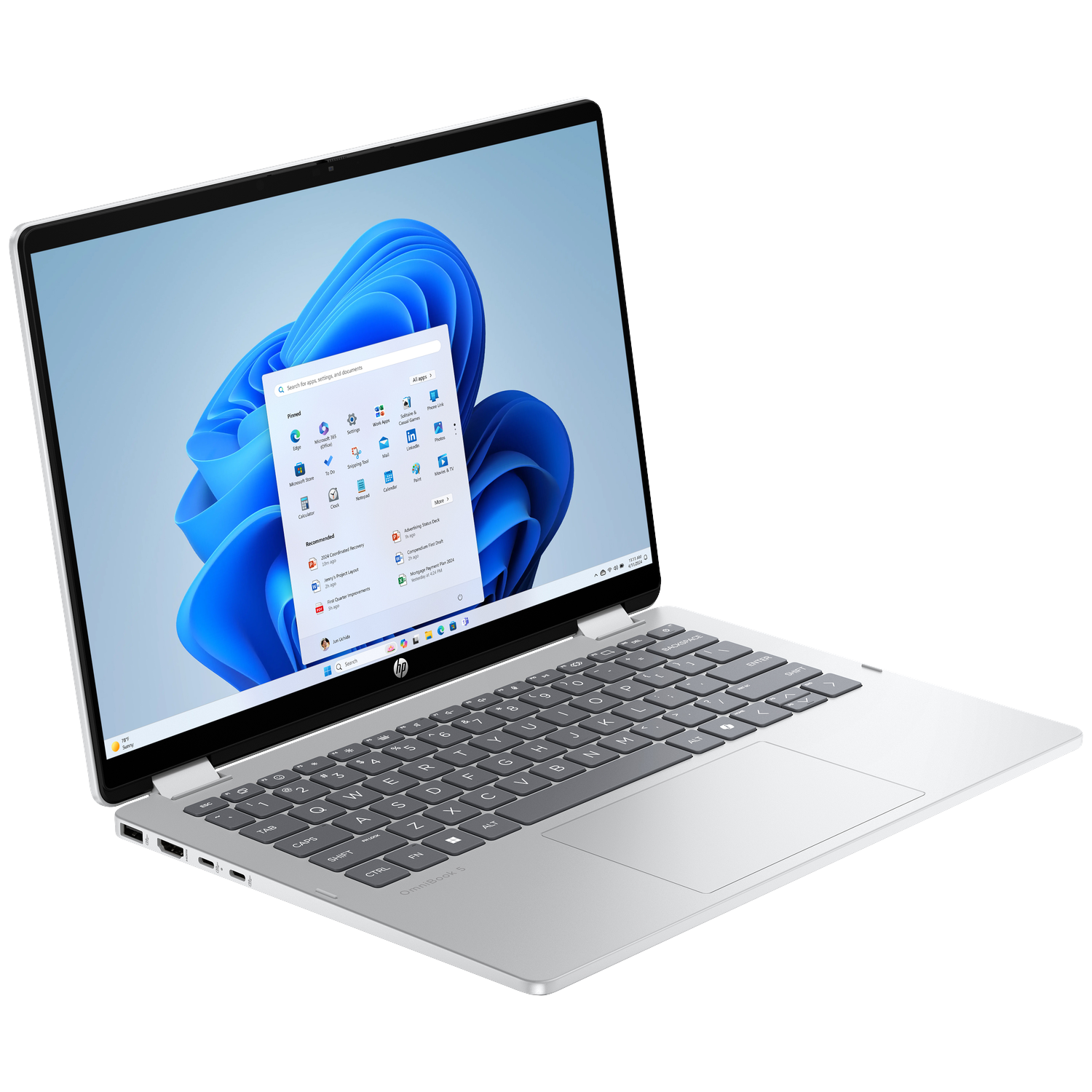 A silver HP OmniBook 5 laptop with the Windows 11 start menu open.