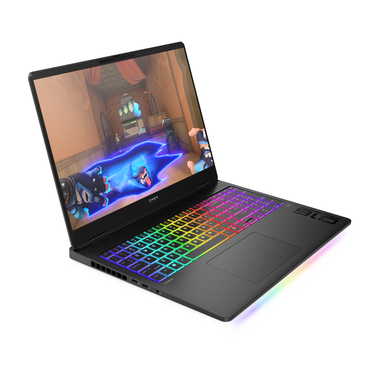 A black laptop with a glowing keyboard displays a video game scene.