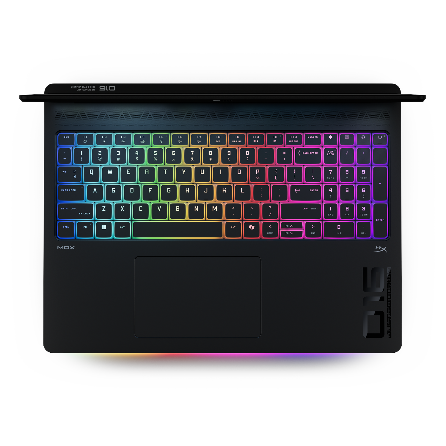 A black laptop with a keyboard illuminated in rainbow colors.
