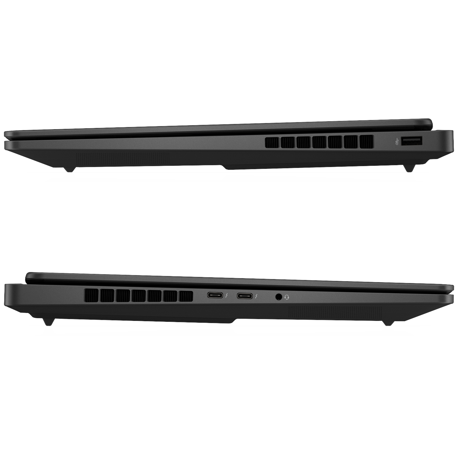 Black laptop shown from the side, featuring vents and USB ports.
