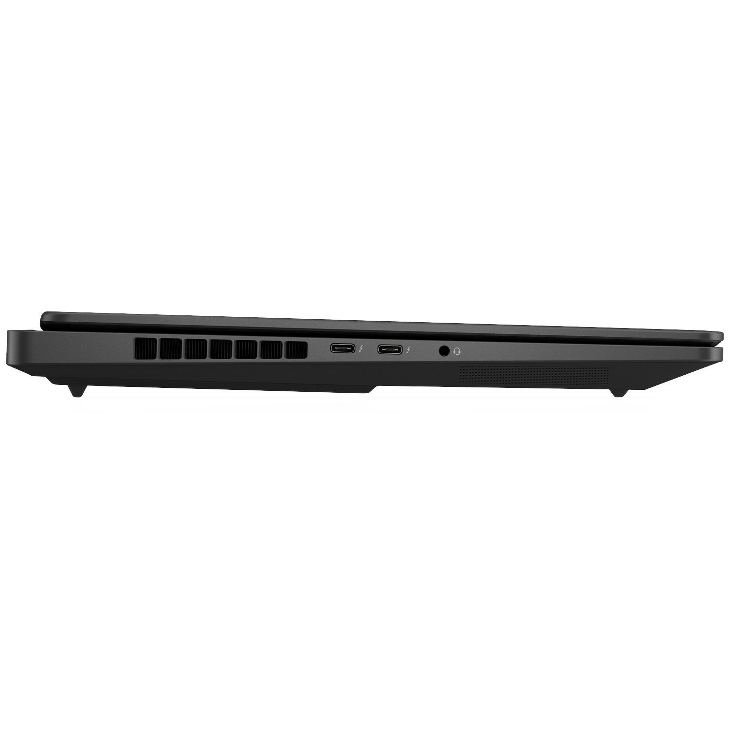 Black laptop side view showing vents and ports like USB-C.