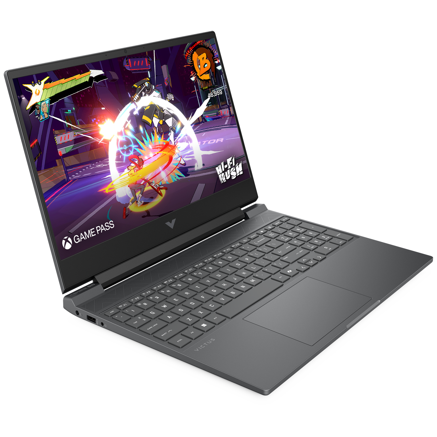 Een laptop toont het spel Wi-Fi Rush met kleurrijke personages en effecten.
