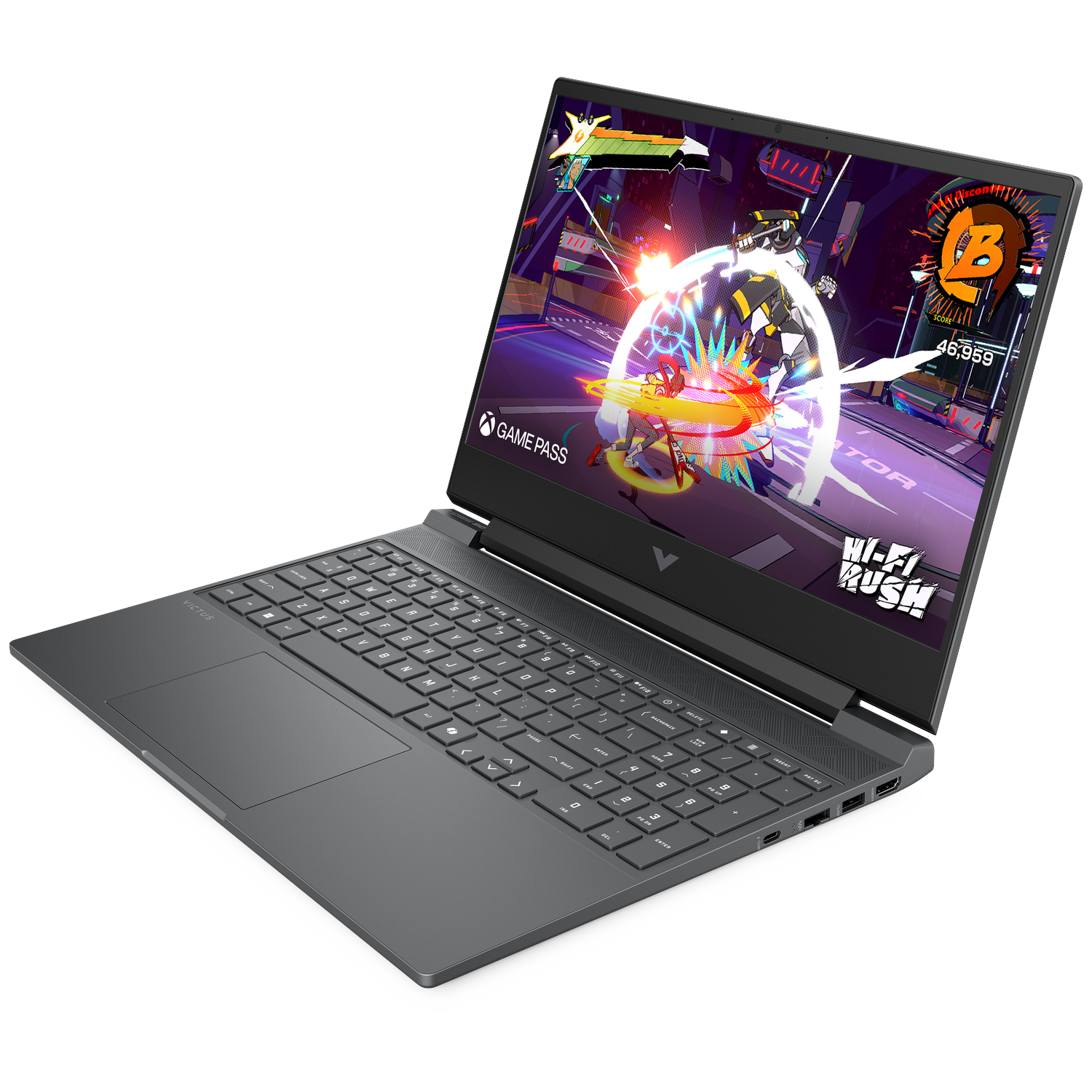 Een laptop toont het spel "Hi-Fi Rush" met kleurrijke personages en explosies.