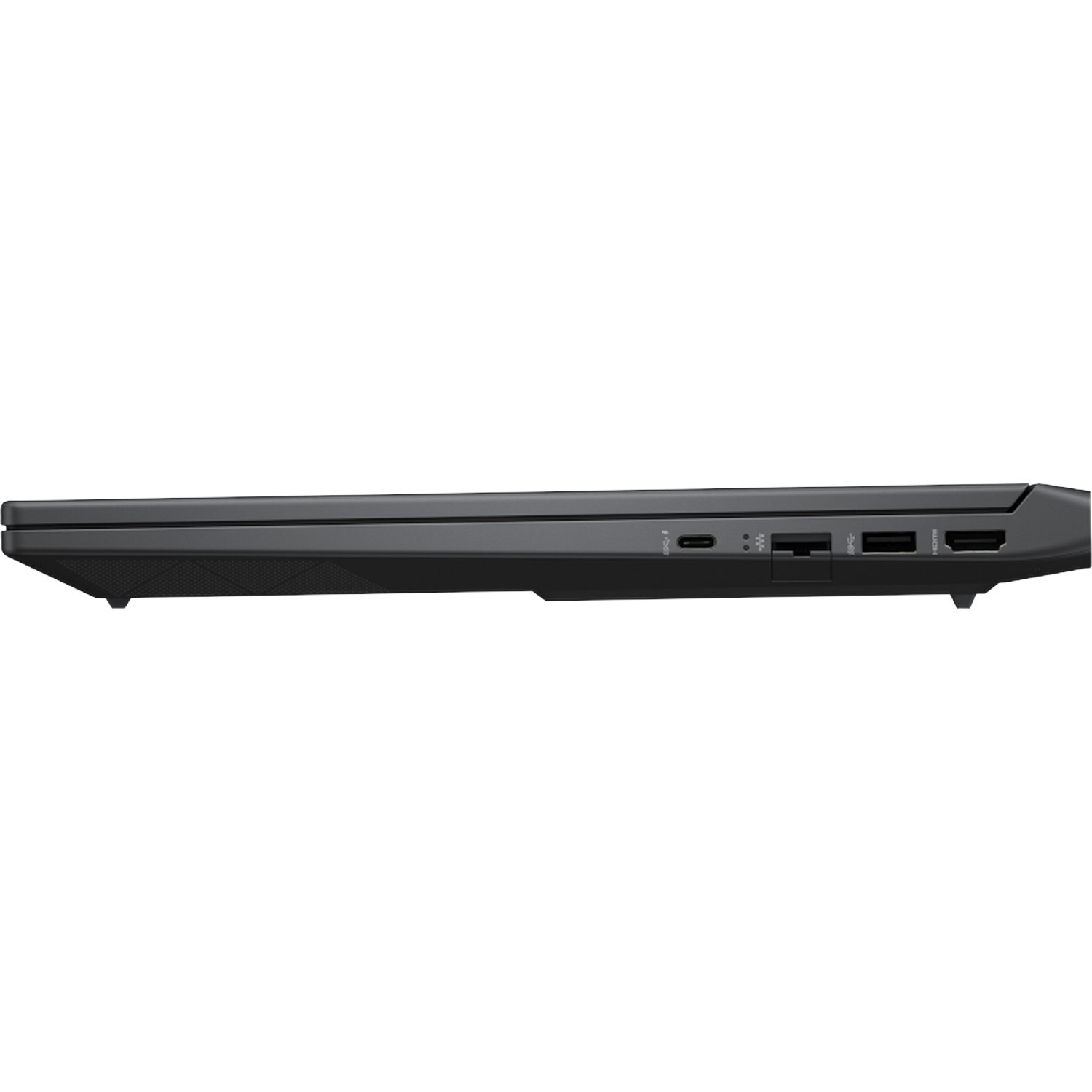 Zijaanzicht van een zwarte laptop met poorten: USB-C, USB-A, HDMI.