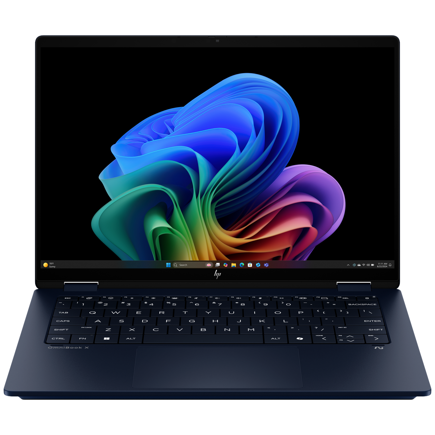 Een geopende donkerblauwe laptop toont een kleurrijke abstracte achtergrondafbeelding.