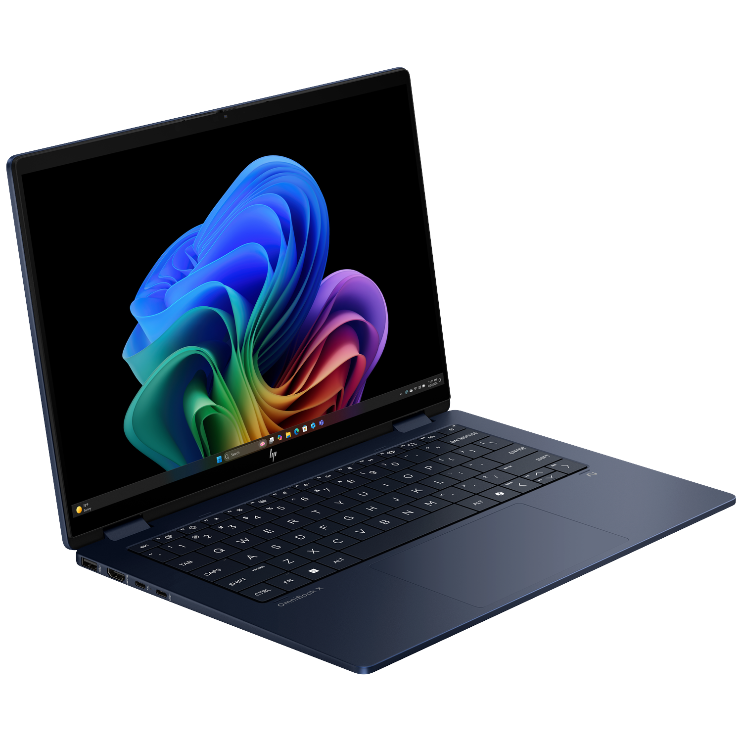 Donkerblauwe laptop met open scherm waarop abstracte, kleurrijke achtergrond wordt getoond.