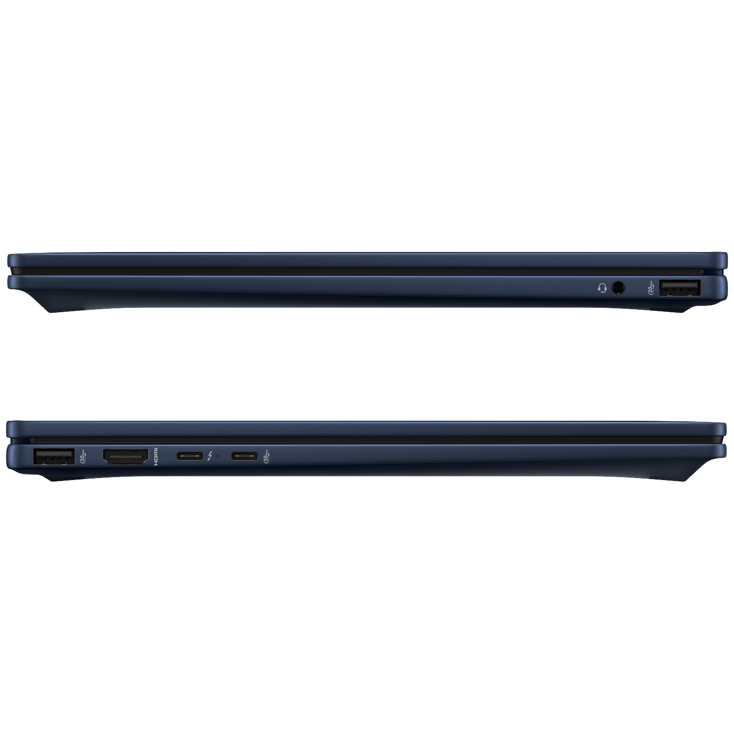 Donkerblauwe laptop zijkanten. Boven: USB-A, koptelefoonaansluiting. Onder: USB-A, HDMI, Thunderbolt.