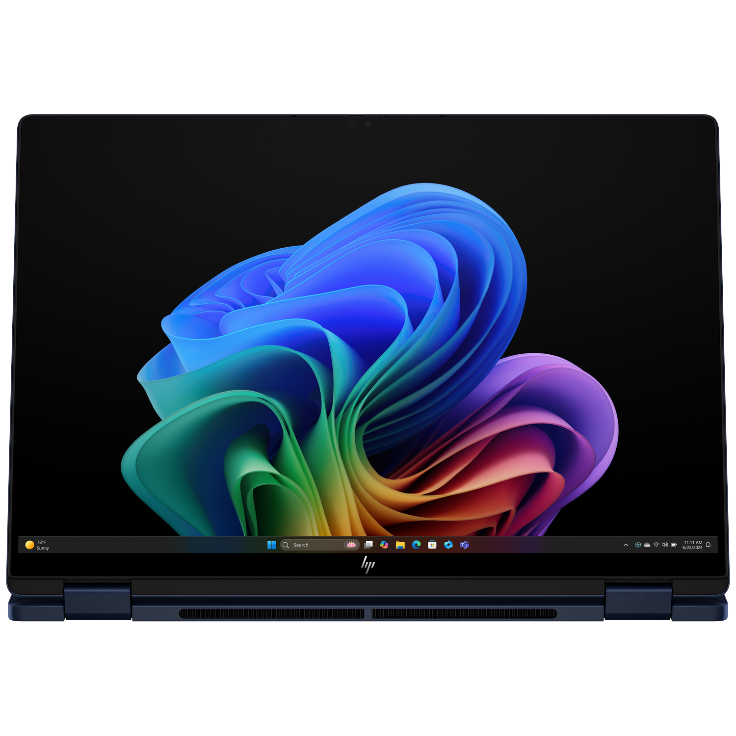 Een blauwe HP laptop met een kleurige, abstracte achtergrond op het scherm.
