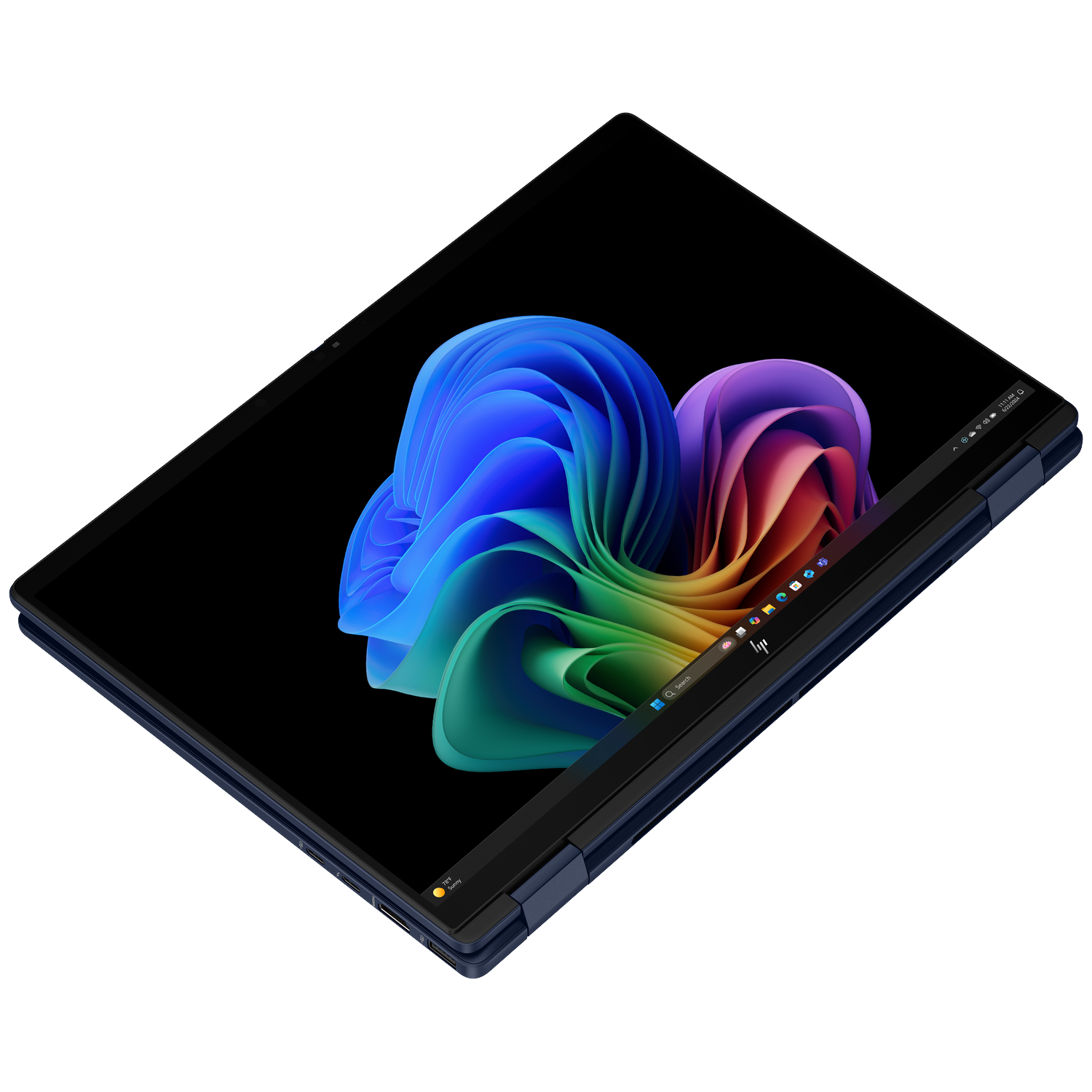 Een donkere, geopende laptop met een kleurrijke, abstracte achtergrond. Minimalistisch design.