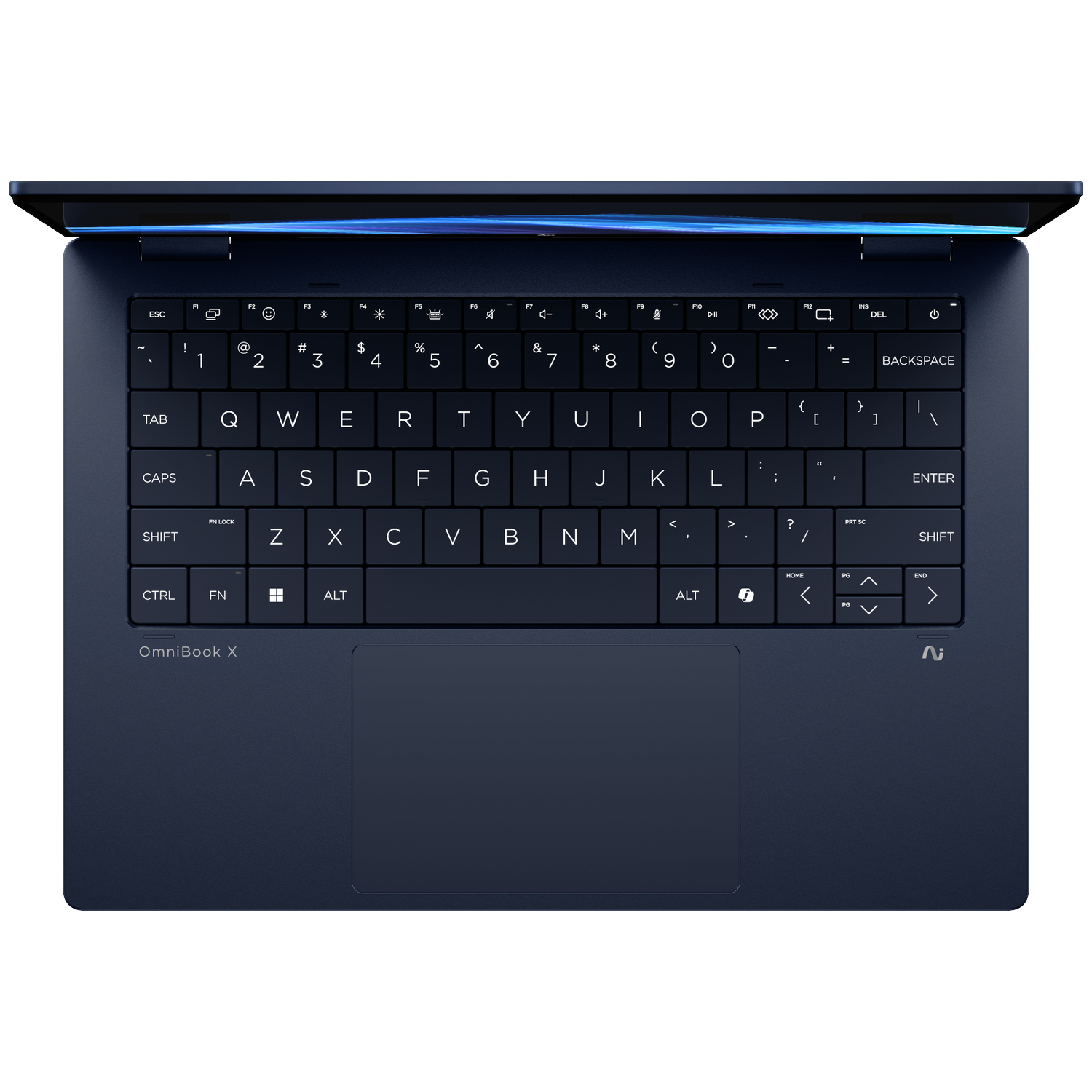 Een donkerblauwe laptop, van bovenaf geopend, toont het toetsenbord en touchpad.