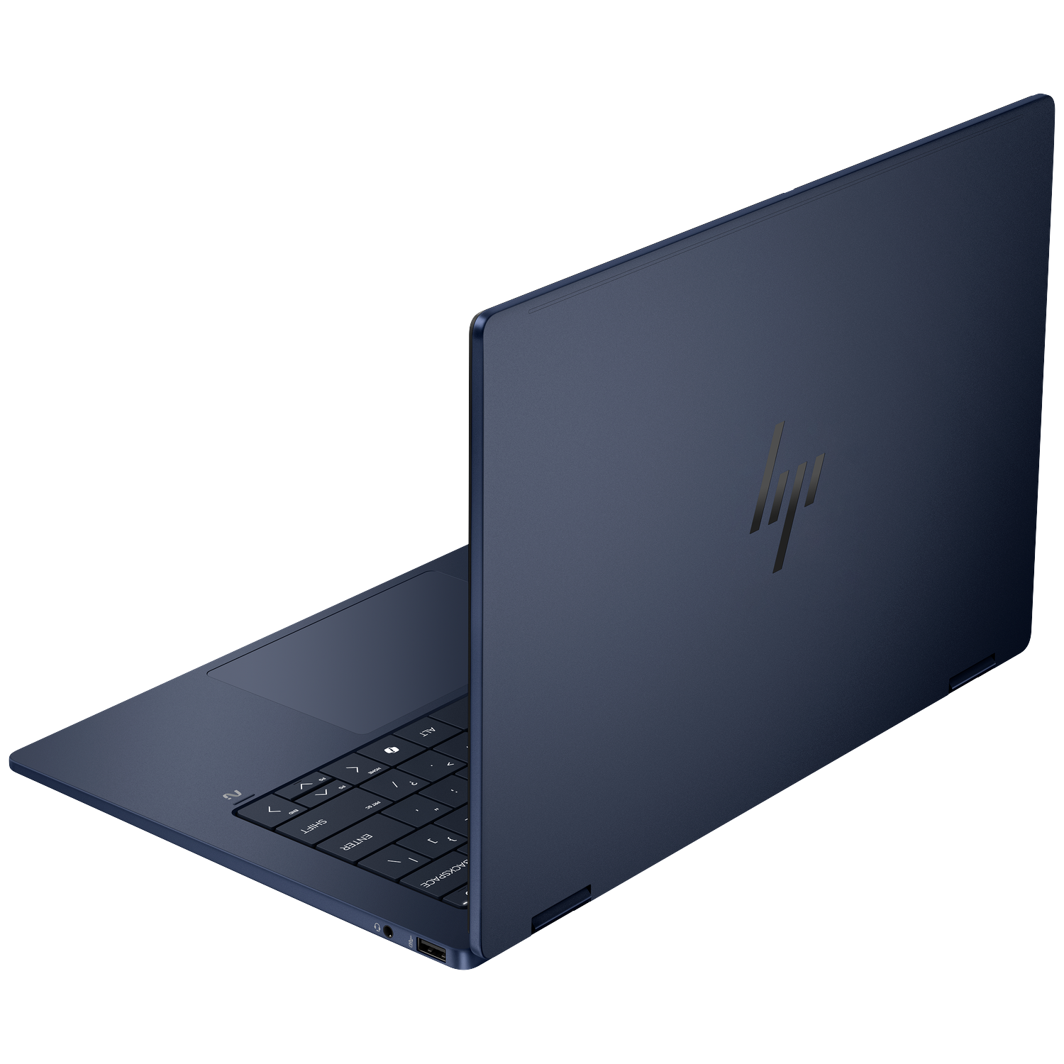 Donkerblauwe HP laptop, deels geopend, met verlicht toetsenbord en logo.
