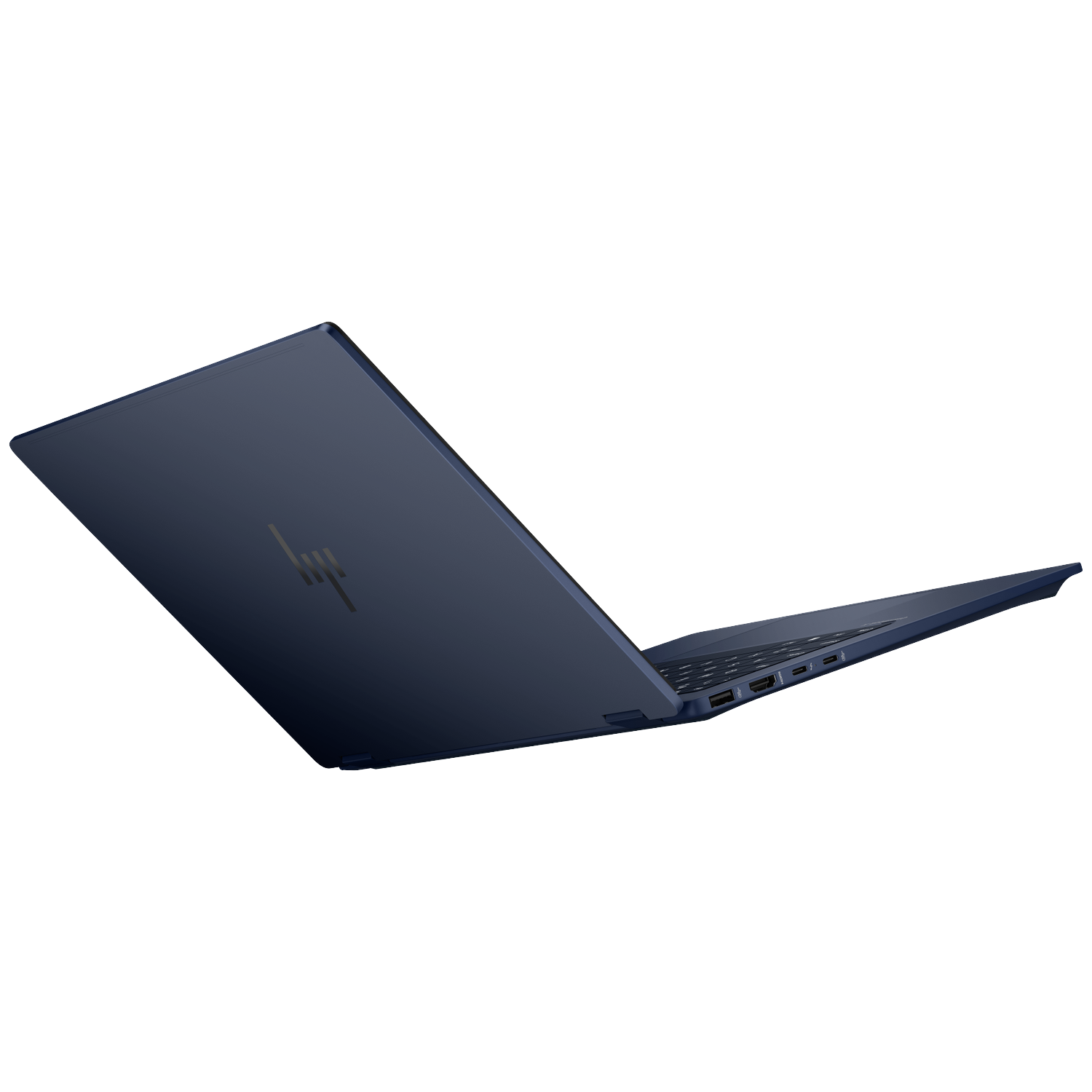 Donkerblauwe laptop, gedeeltelijk open, met zilveren HP-logo op de deksel.