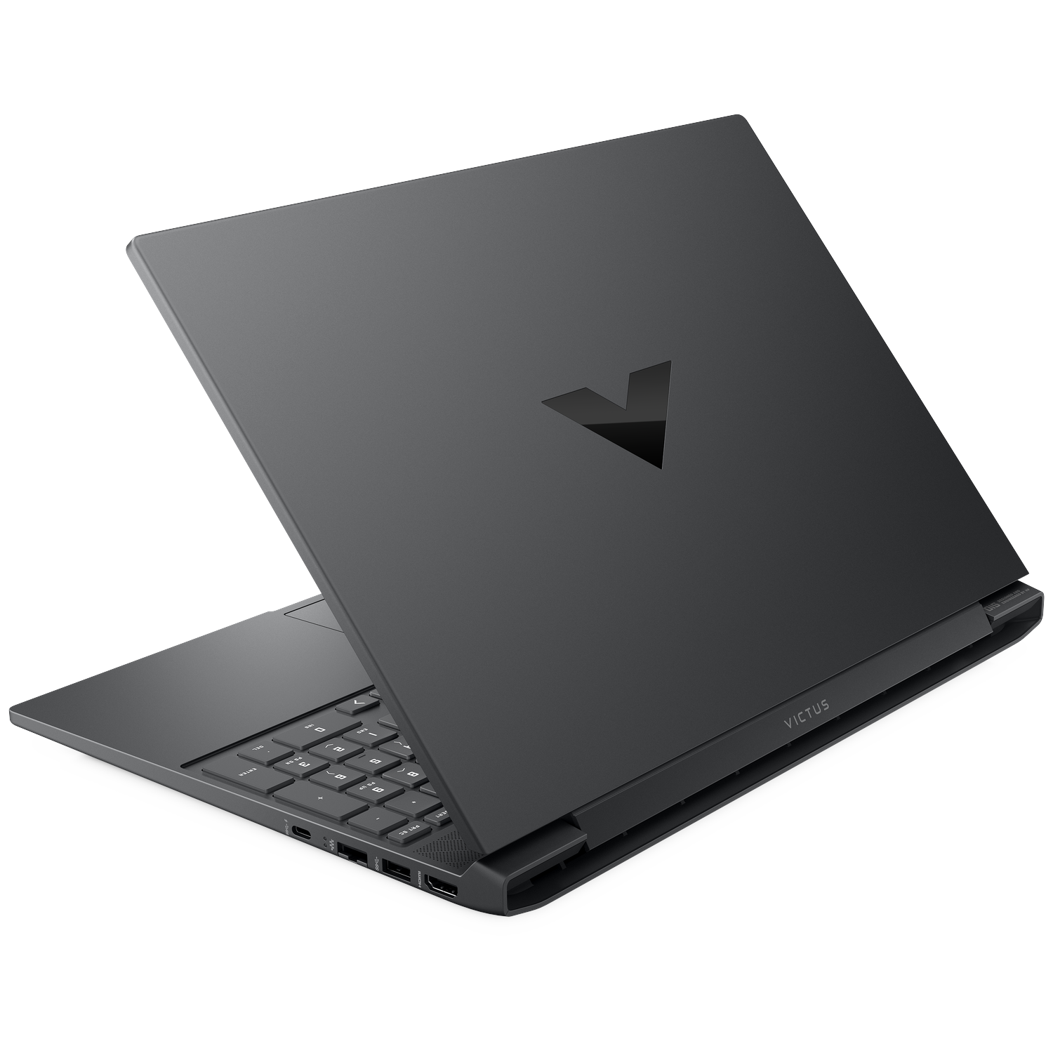 A dark laptop with a V logo on the lid, open to show the keyboard.