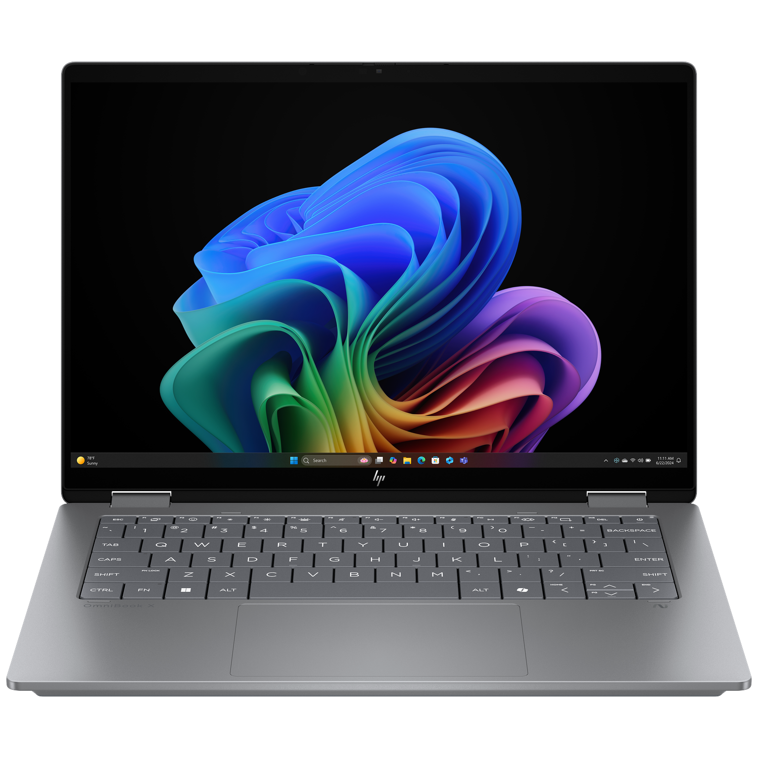 Een open laptop met een kleurrijke abstracte achtergrond op het scherm.