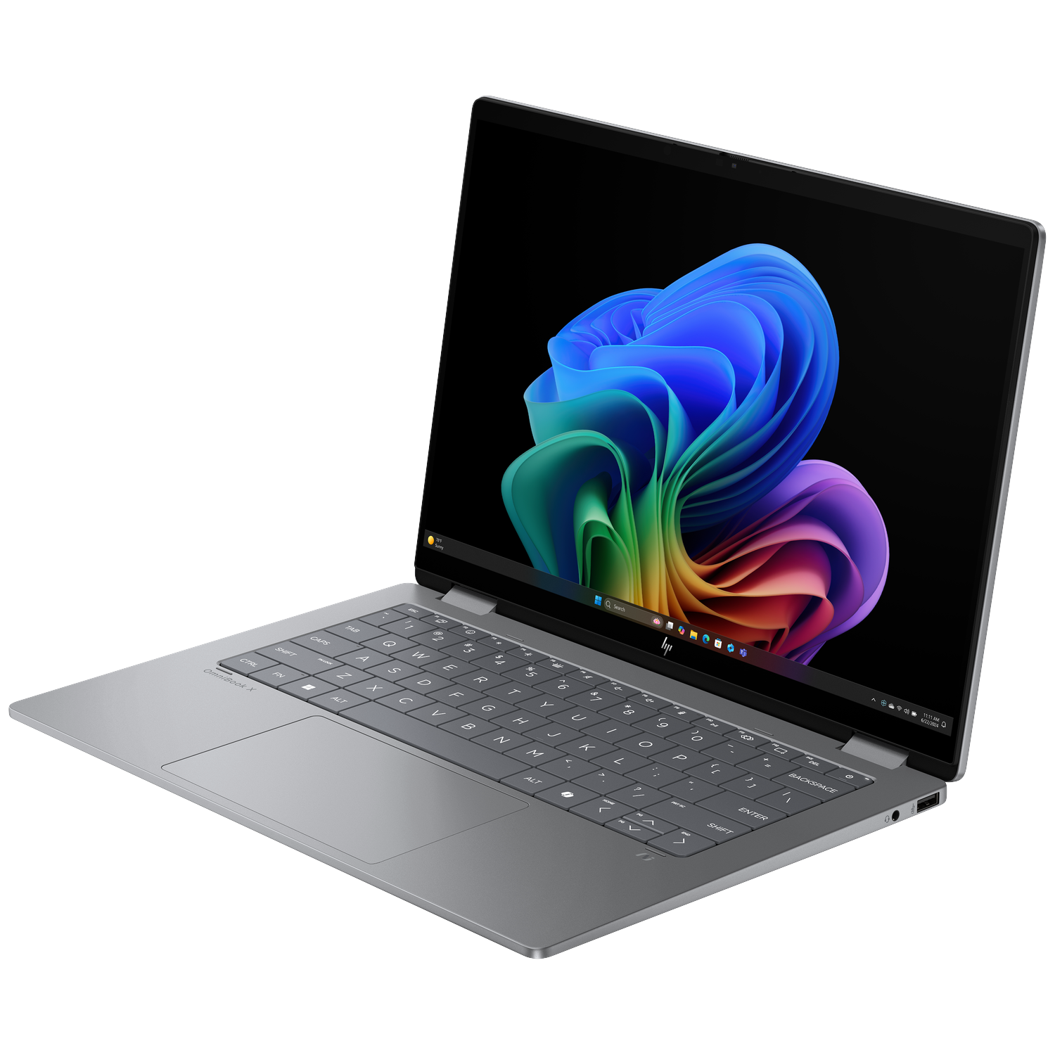 Een zilveren HP OmniBook X laptop is open, met een kleurrijk abstract behang op het scherm.