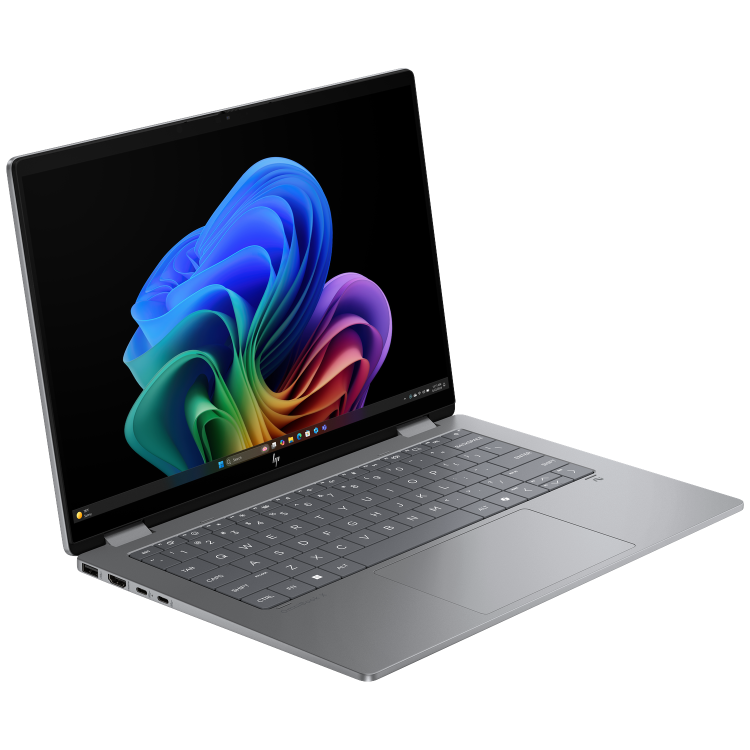 Een open zilveren laptop met een kleurrijke abstracte afbeelding op het scherm.