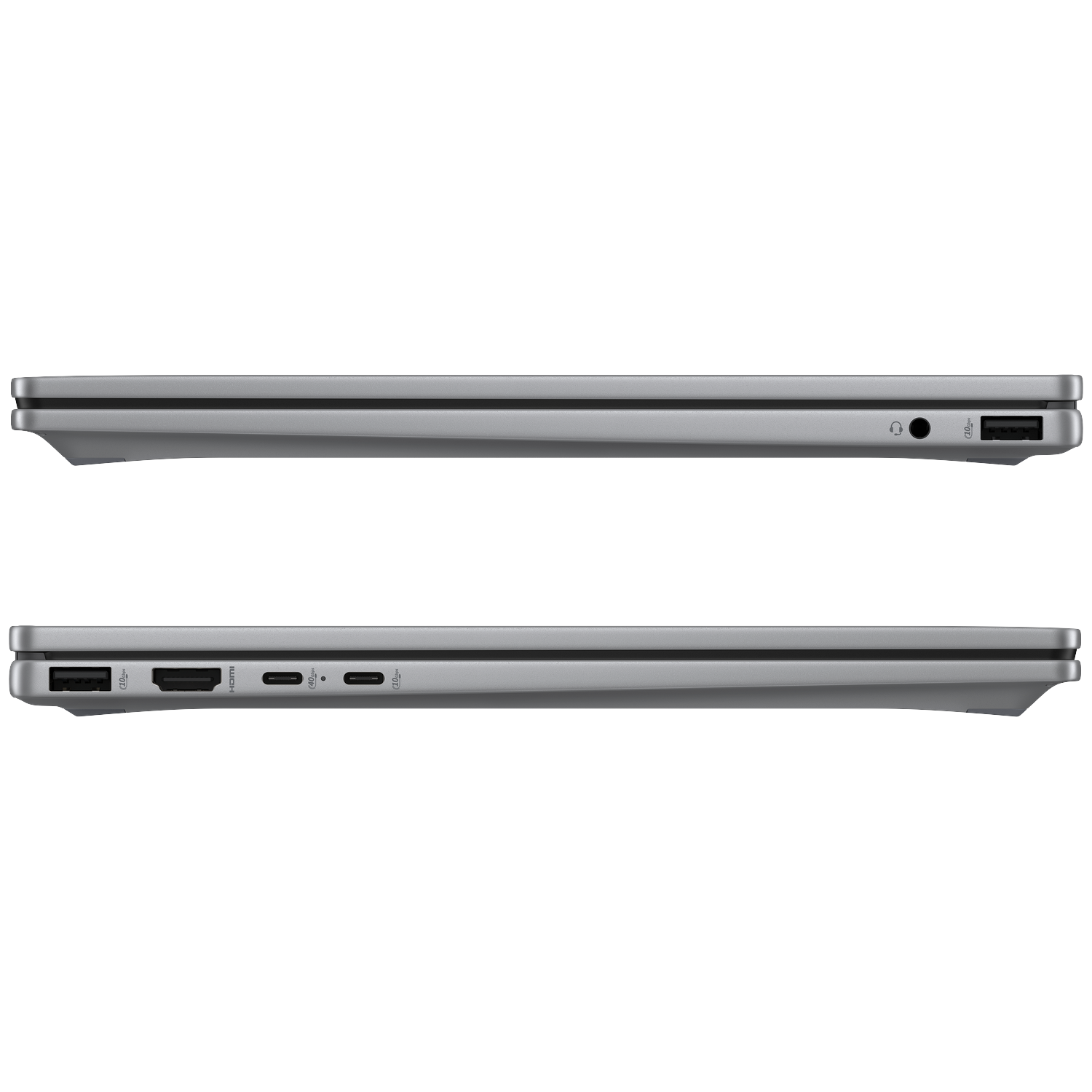 Grijze laptop met poorten: USB-A, HDMI, 2x USB-C.