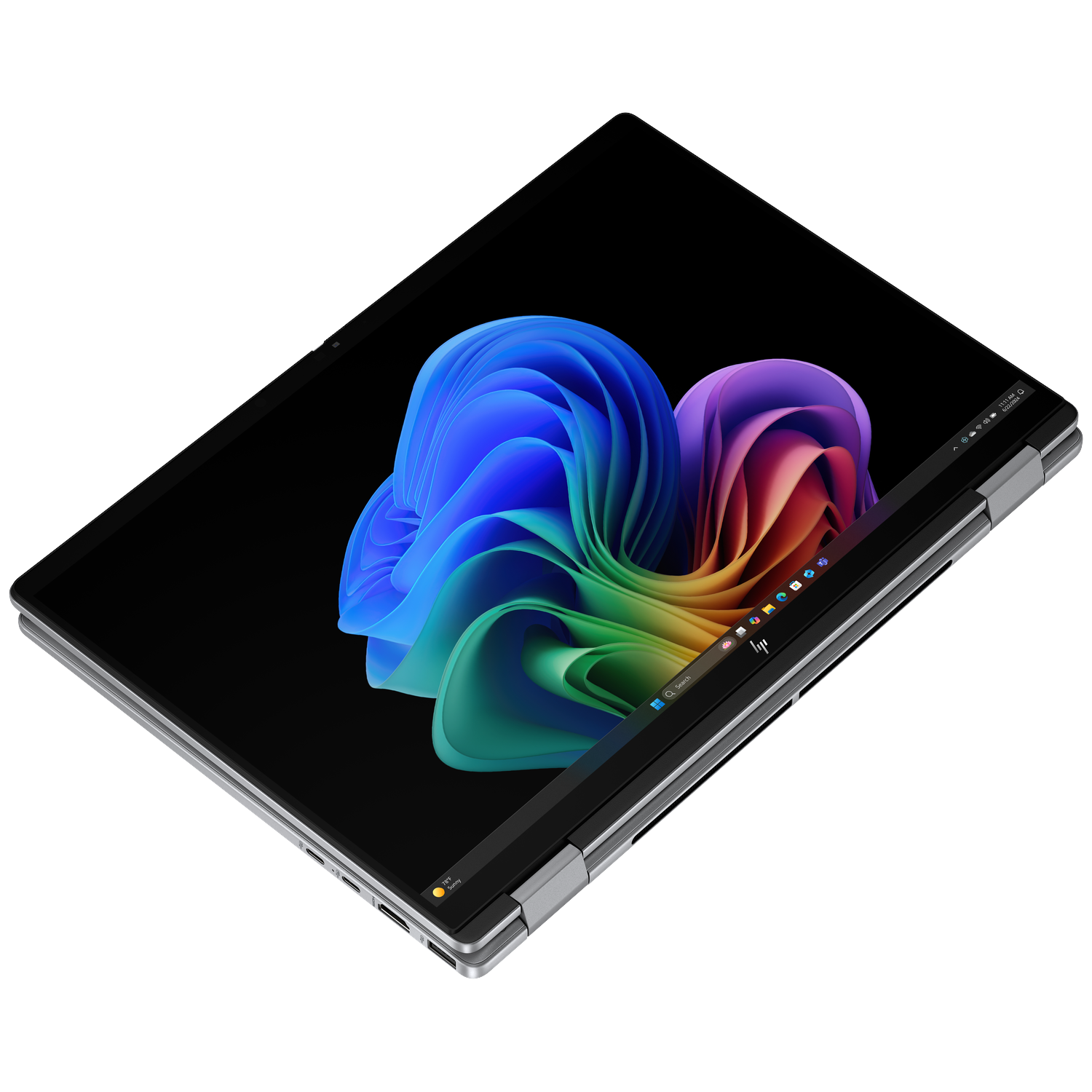 Een open laptop met kleurrijke golvende achtergrond en taakbalk.