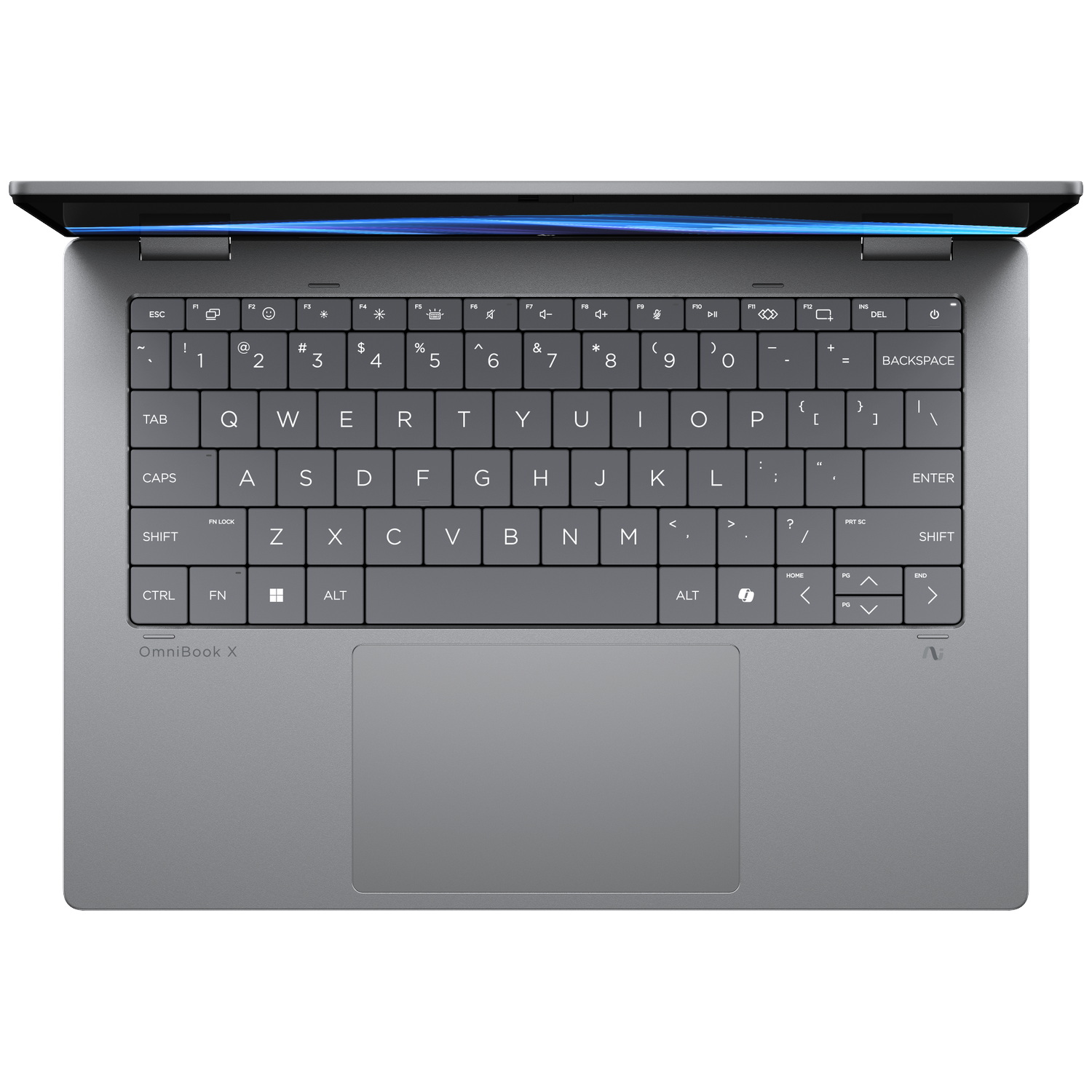 Grijze laptop met open deksel, toetsenbord en touchpad zichtbaar.