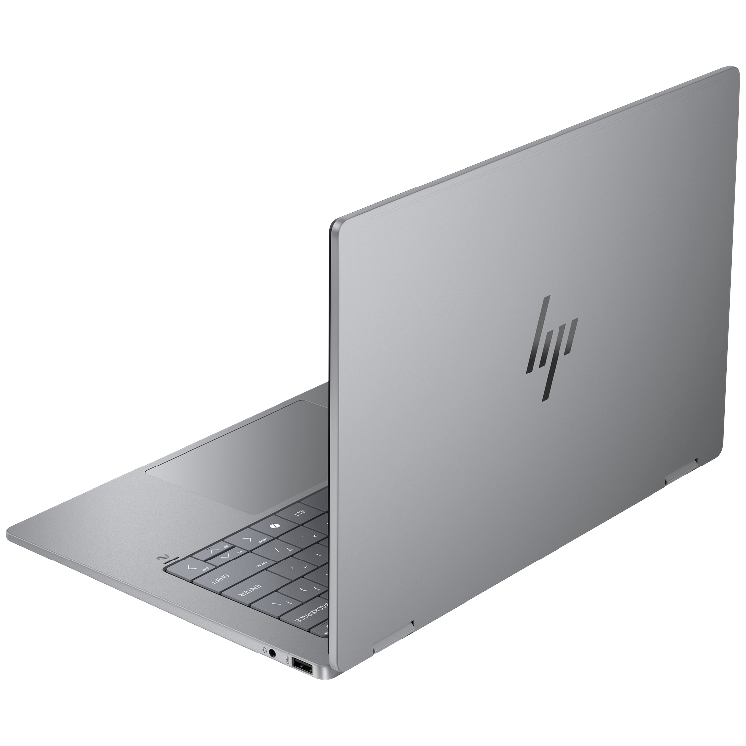 Een zilveren HP laptop is open op een zwarte ondergrond.