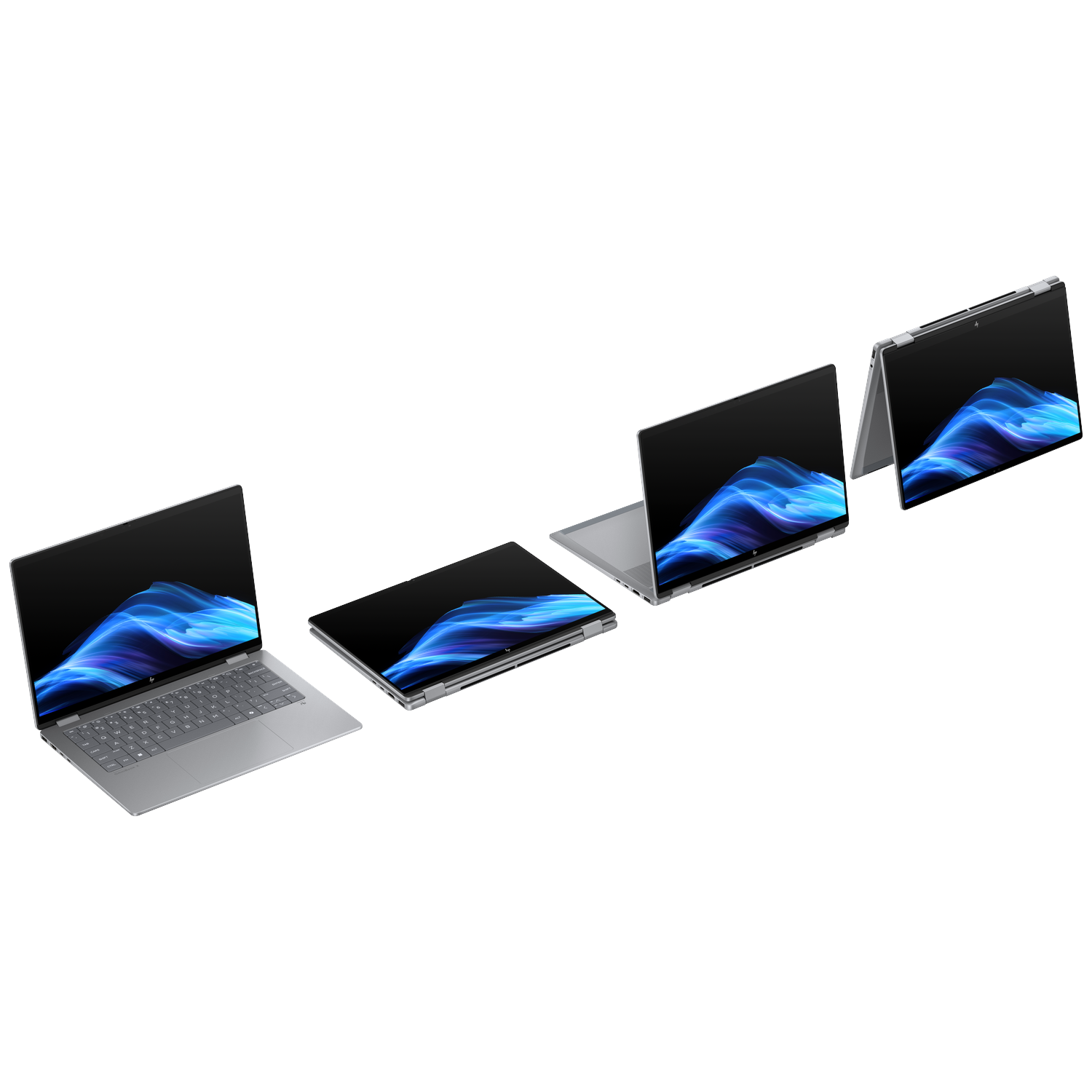 Vier zilveren laptops met blauwe abstracte achtergronden op hun schermen.