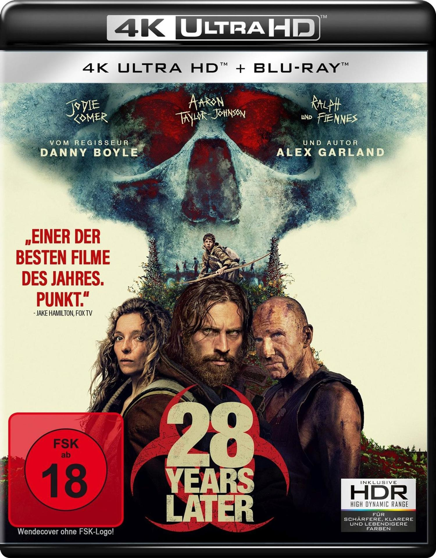 Filmplakat für 28 Years Later mit Darstellern, einem Totenkopf und FSK 18 Siegel.
