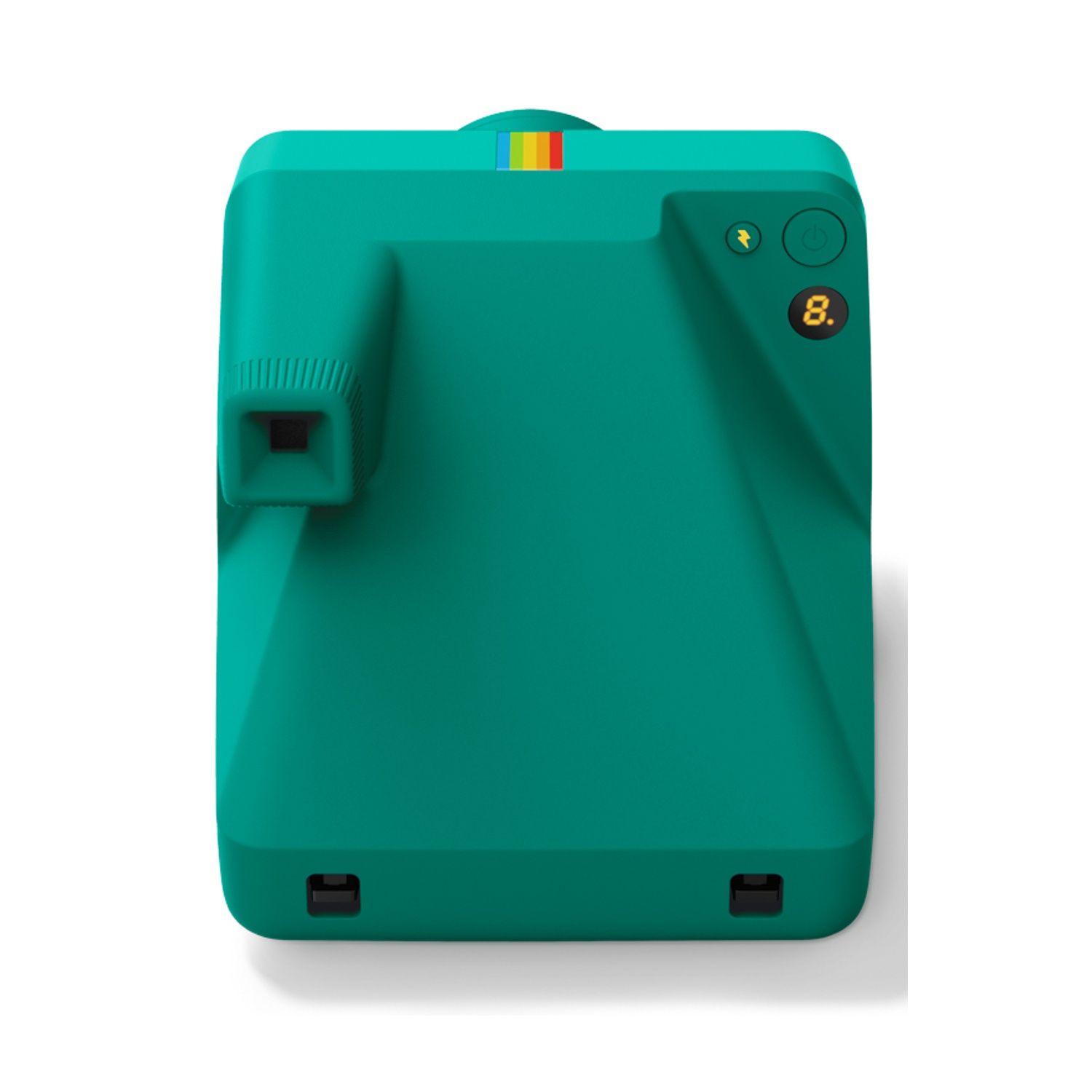 Fotocamera istantanea verde con strisce arcobaleno in alto e display digitale.