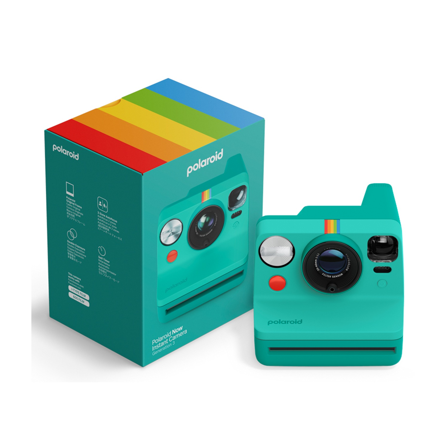 Una fotocamera istantanea Polaroid Now turchese accanto alla sua scatola con strisce arcobaleno.