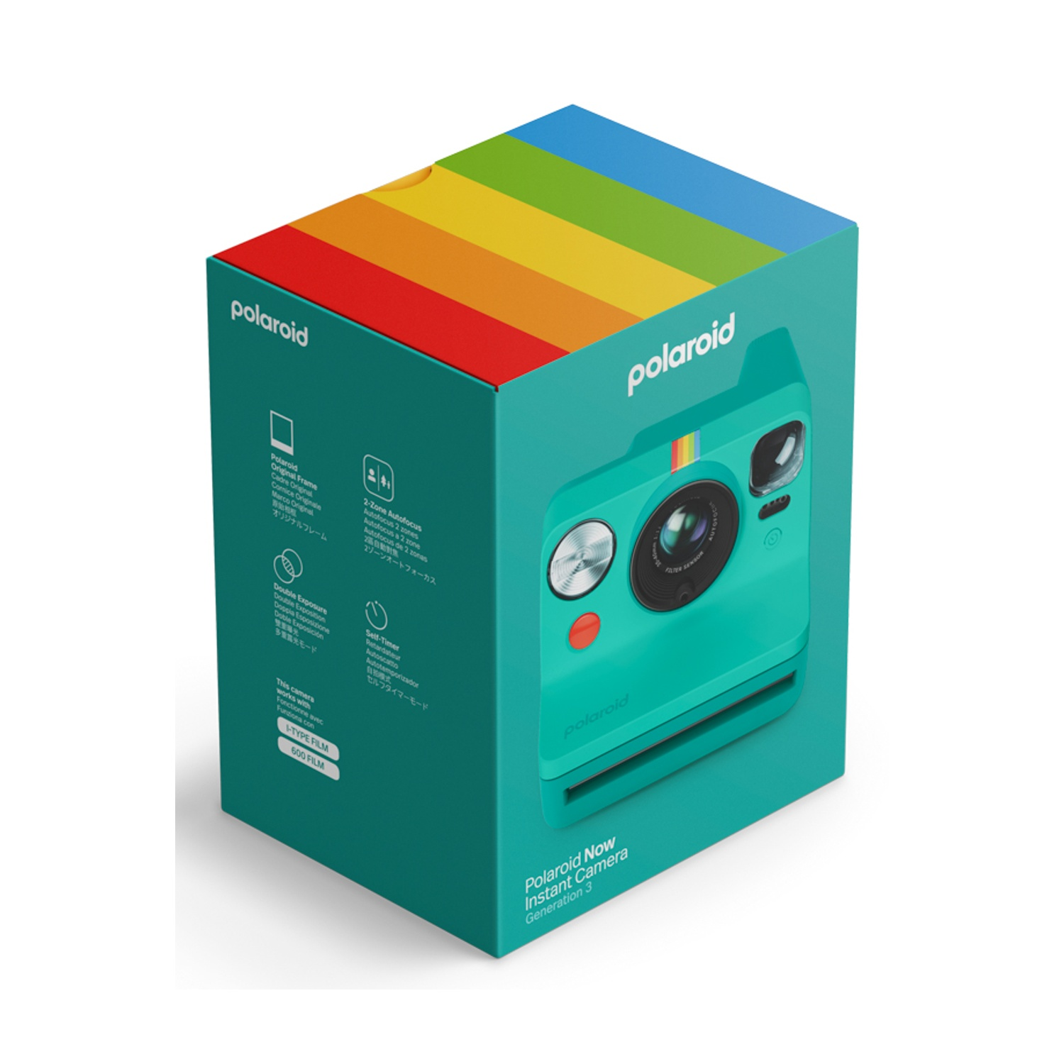 Scatola turchese Polaroid Now macchina fotografica istantanea con coperchio arcobaleno. Funzioni elencate.