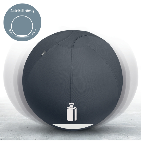 Dunkelgrauer Gymnastikball mit Anti-Roll-Away-Symbol und Gewichts-Icon.