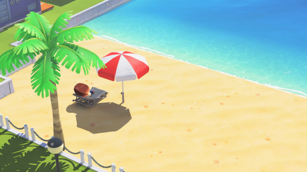 Drzewo palmowe, leżak i parasol na piaszczystej plaży przy niebieskiej wodzie.