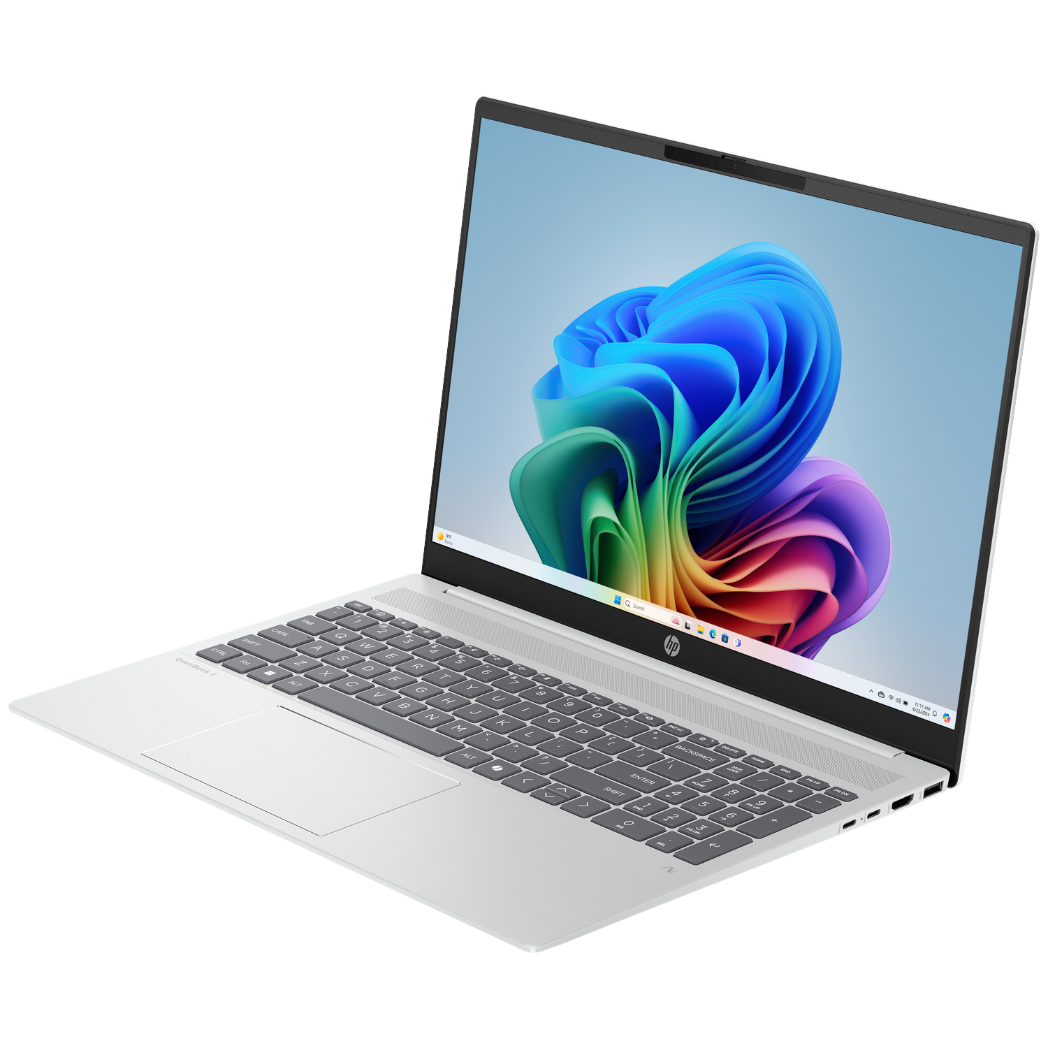 Een zilveren HP laptop met een kleurrijk scherm dat een levendig abstract ontwerp toont.