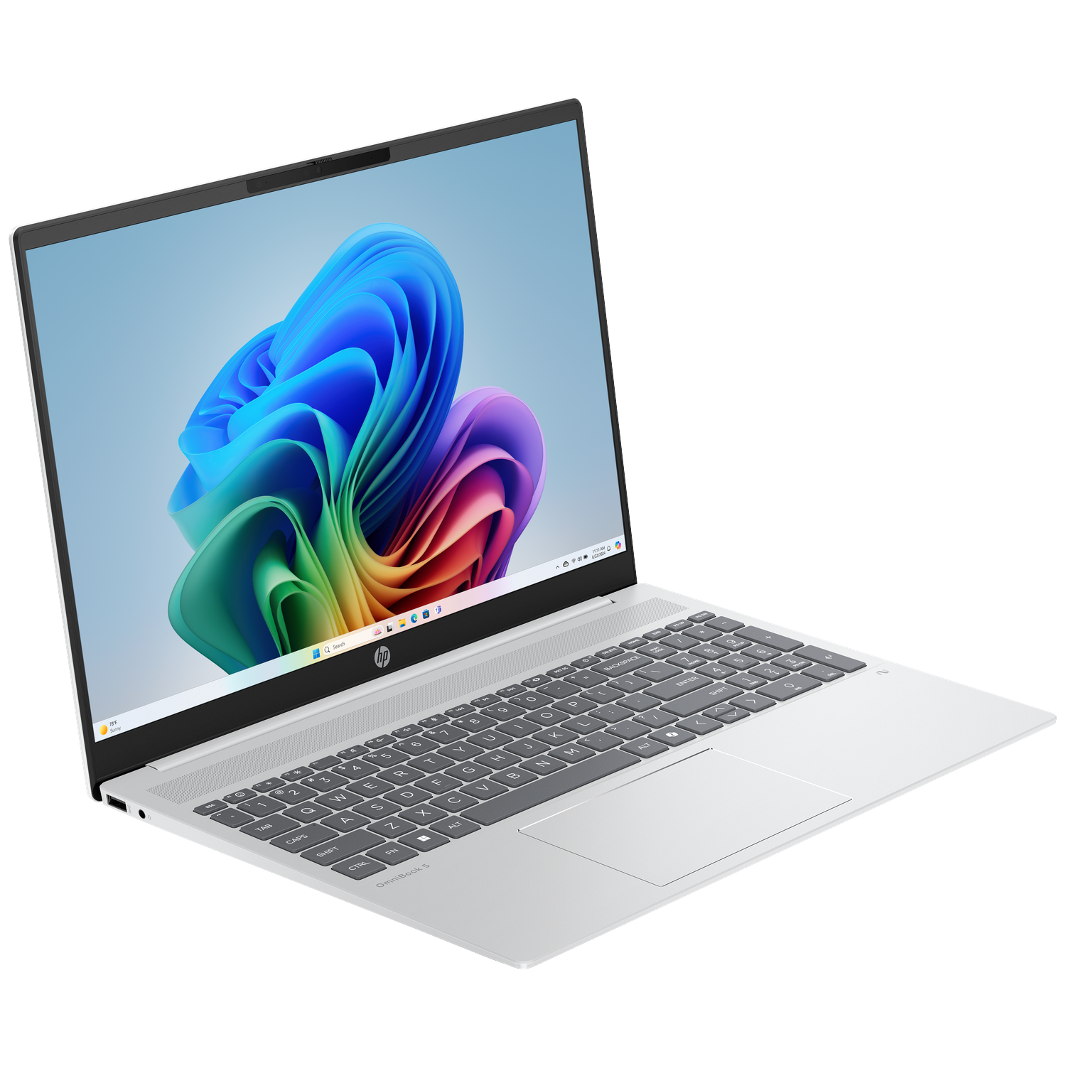Zilveren HP OmniBook 5 laptop met kleurige abstracte achtergrondafbeelding.