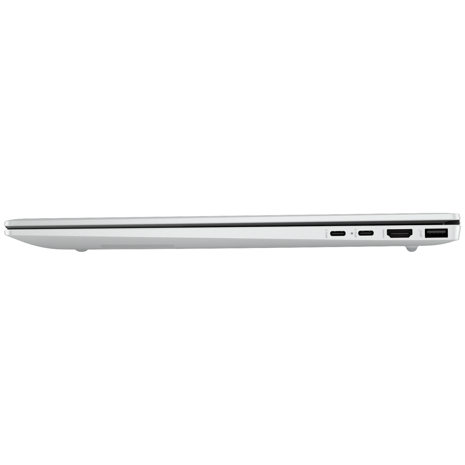 Zilveren laptop met USB-C, HDMI en USB-A poorten aan de zijkant.