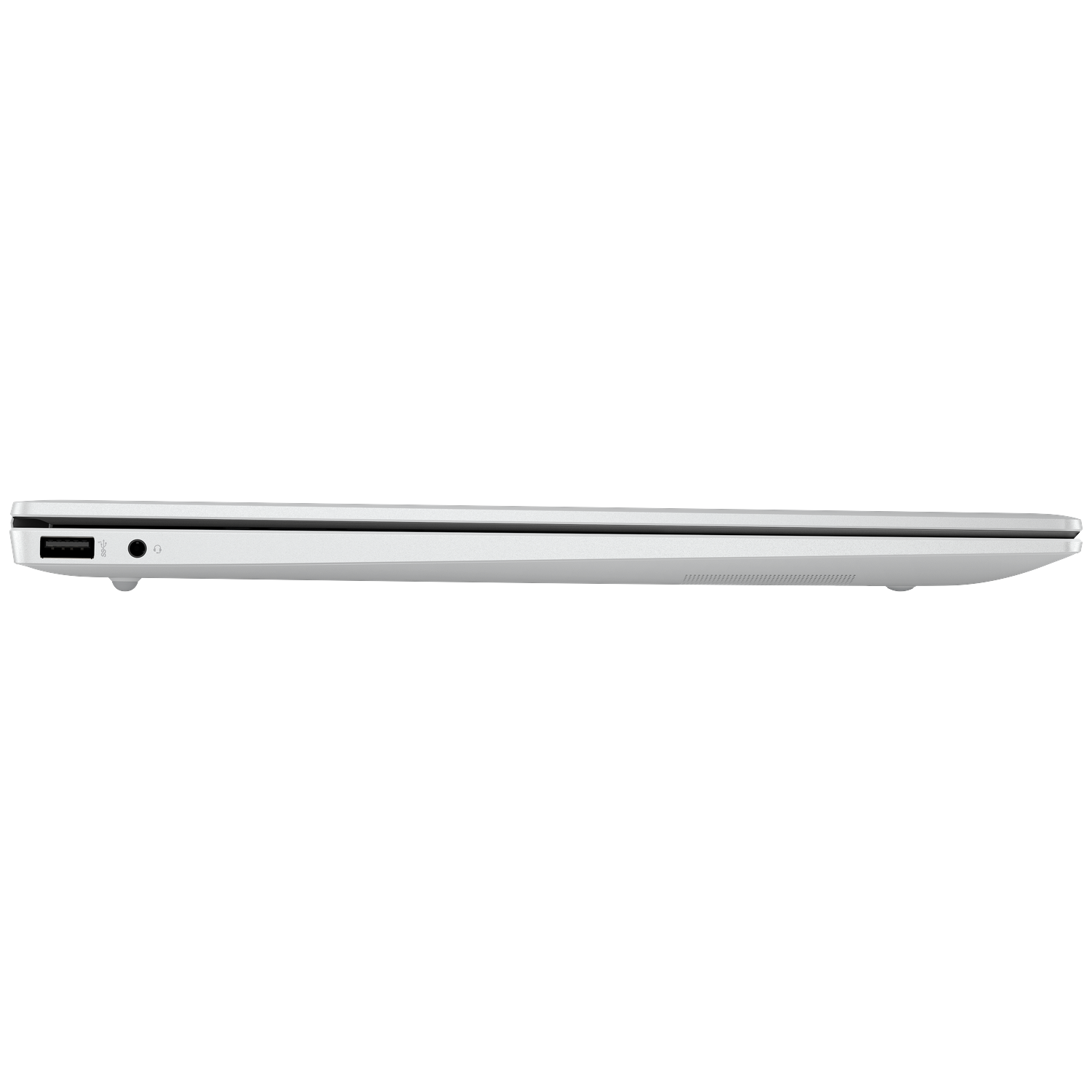 Zijaanzicht van witte laptop met zichtbare USB- en hoofdpoorten.